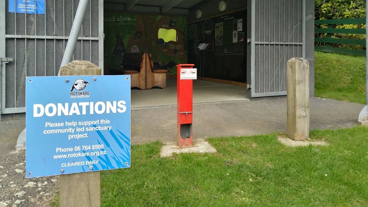 Donations box and sheltered info centre at Rotokare campsite