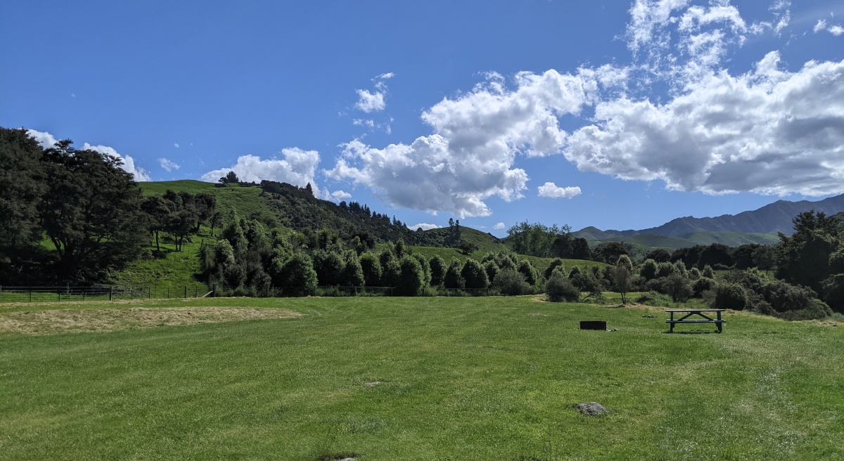 Sunny day at Waihi Gorge campsite: blue sky, some white clouds, lots of grass, trees and hills